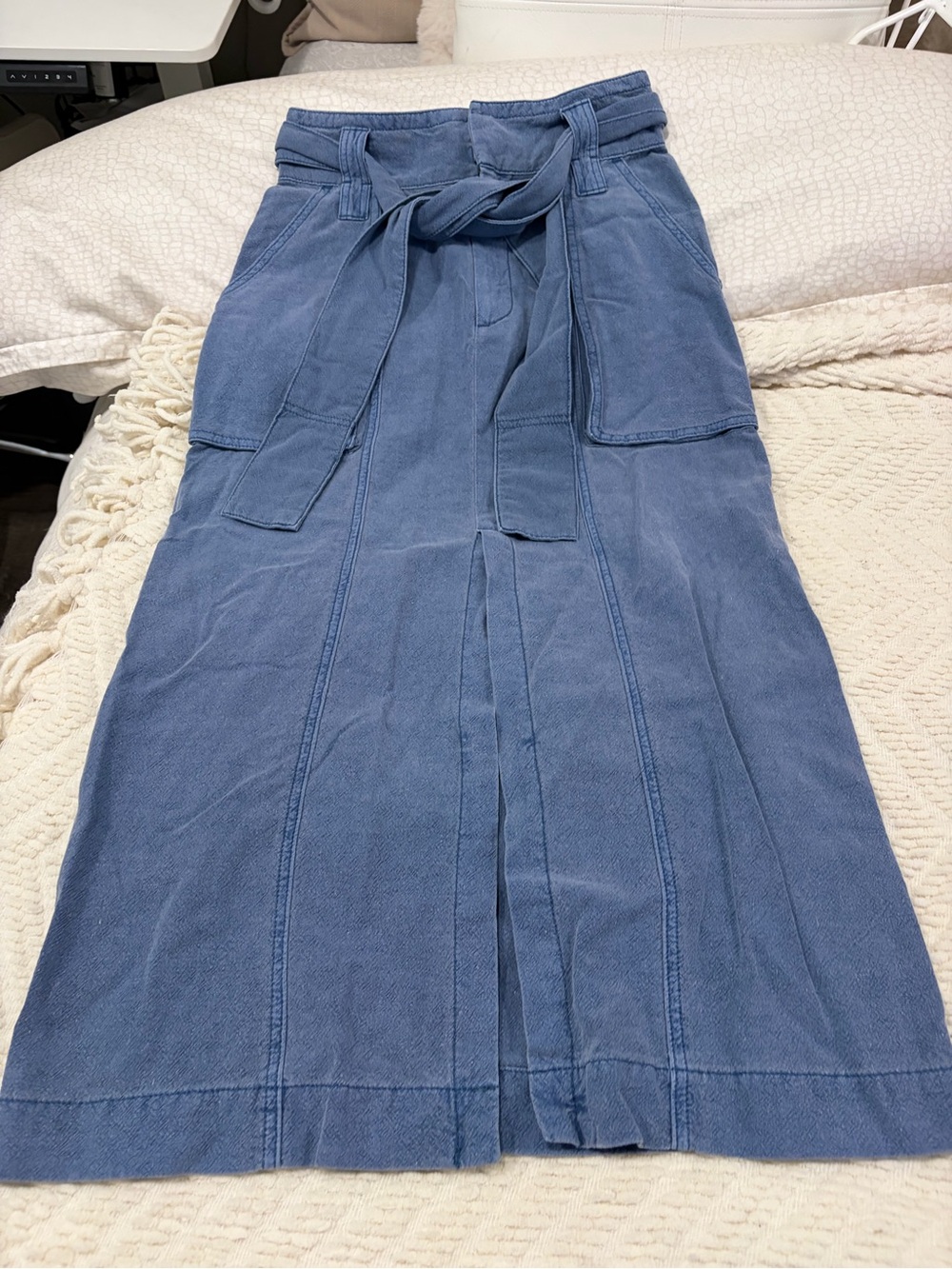 Free People Washed Blue High-Rise Midi Skirt with Tie Waist